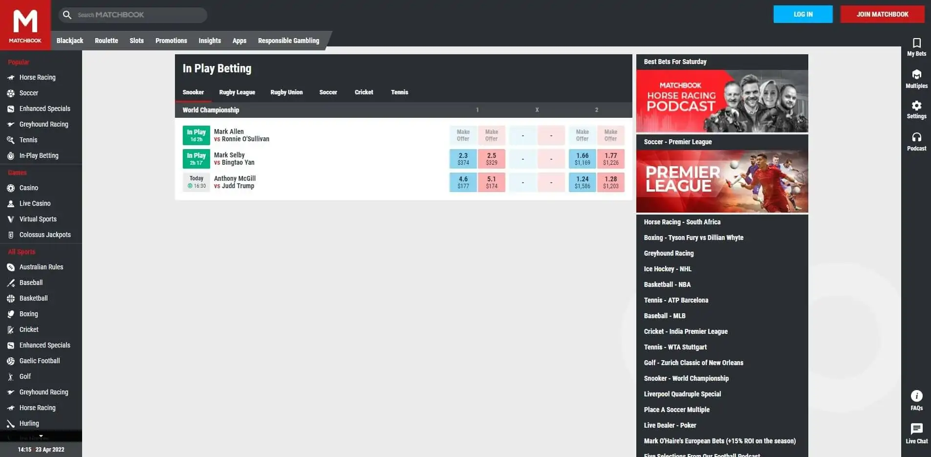Matchbook Live Betting