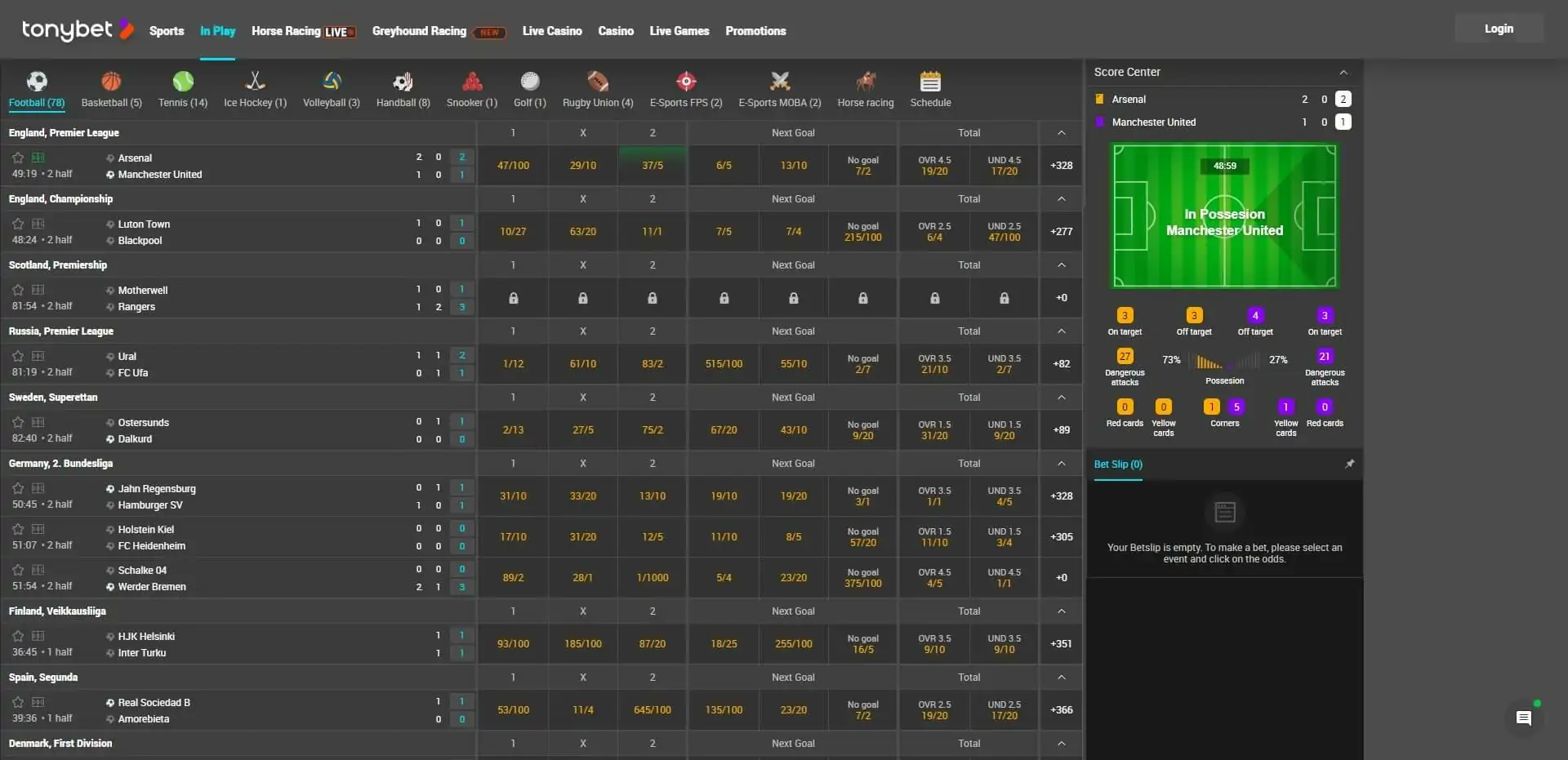 TonyBet Live Betting