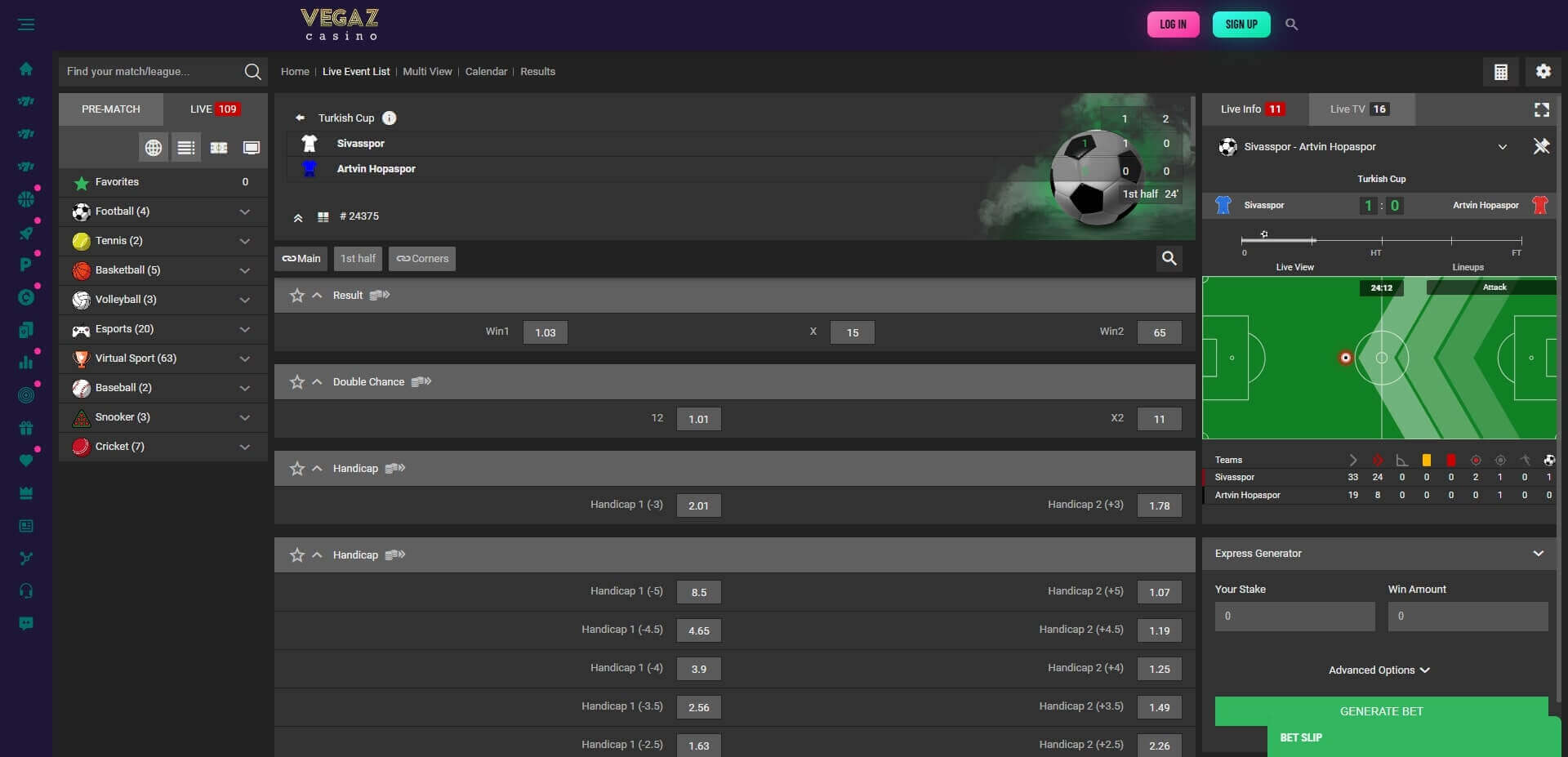 Vegaz Casino Live Betting