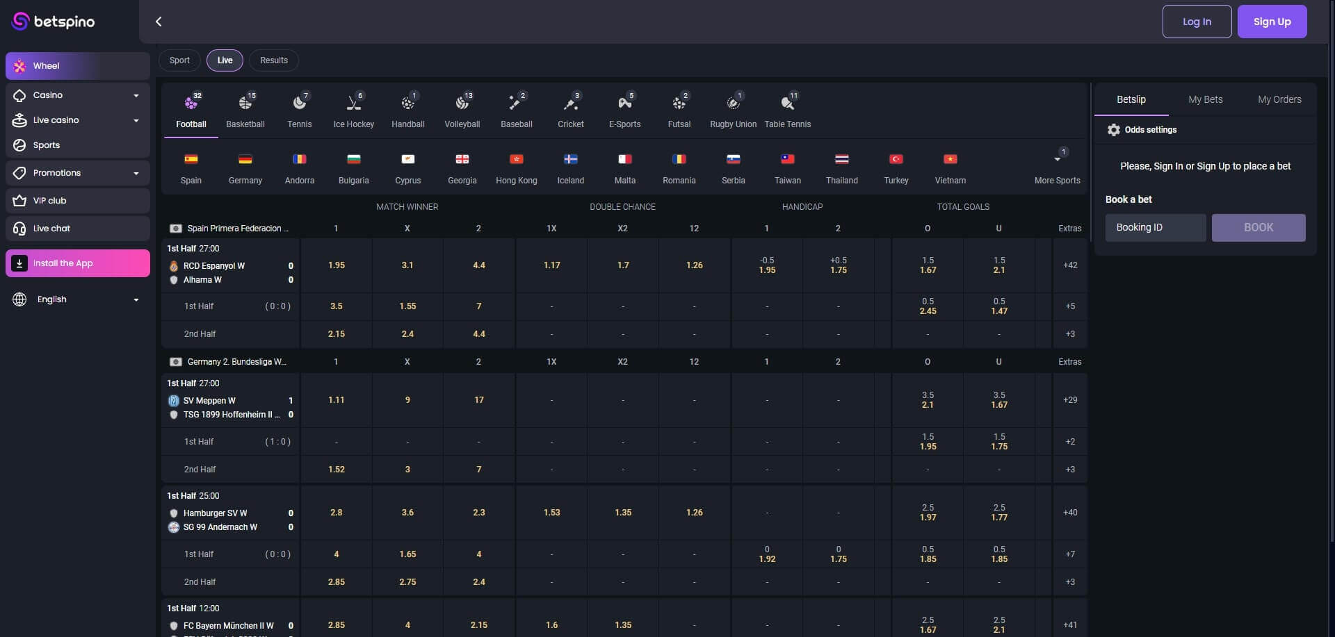 Betspino Live Betting