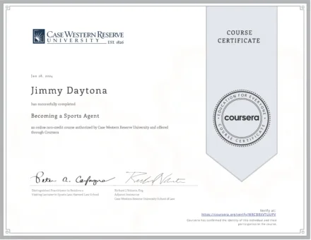 Jimmy Daytona`s Certificate on Becoming a Sports Agent Course Completion
