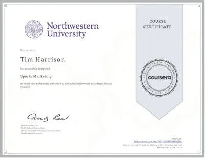 Tim Harrison Coursera Certificate Sports Marketing popup