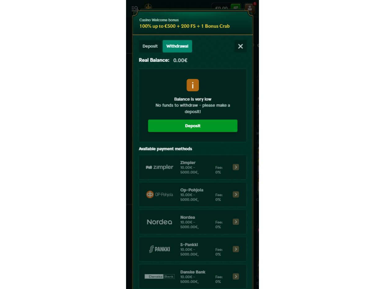 Casinia Mobile Withdraw