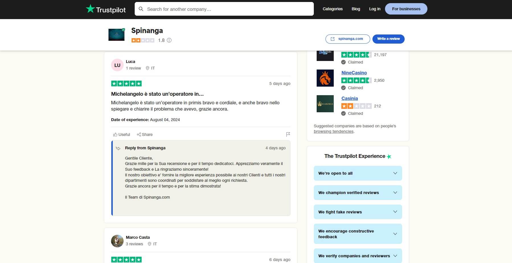 Spinanga Trustpilot Reviews