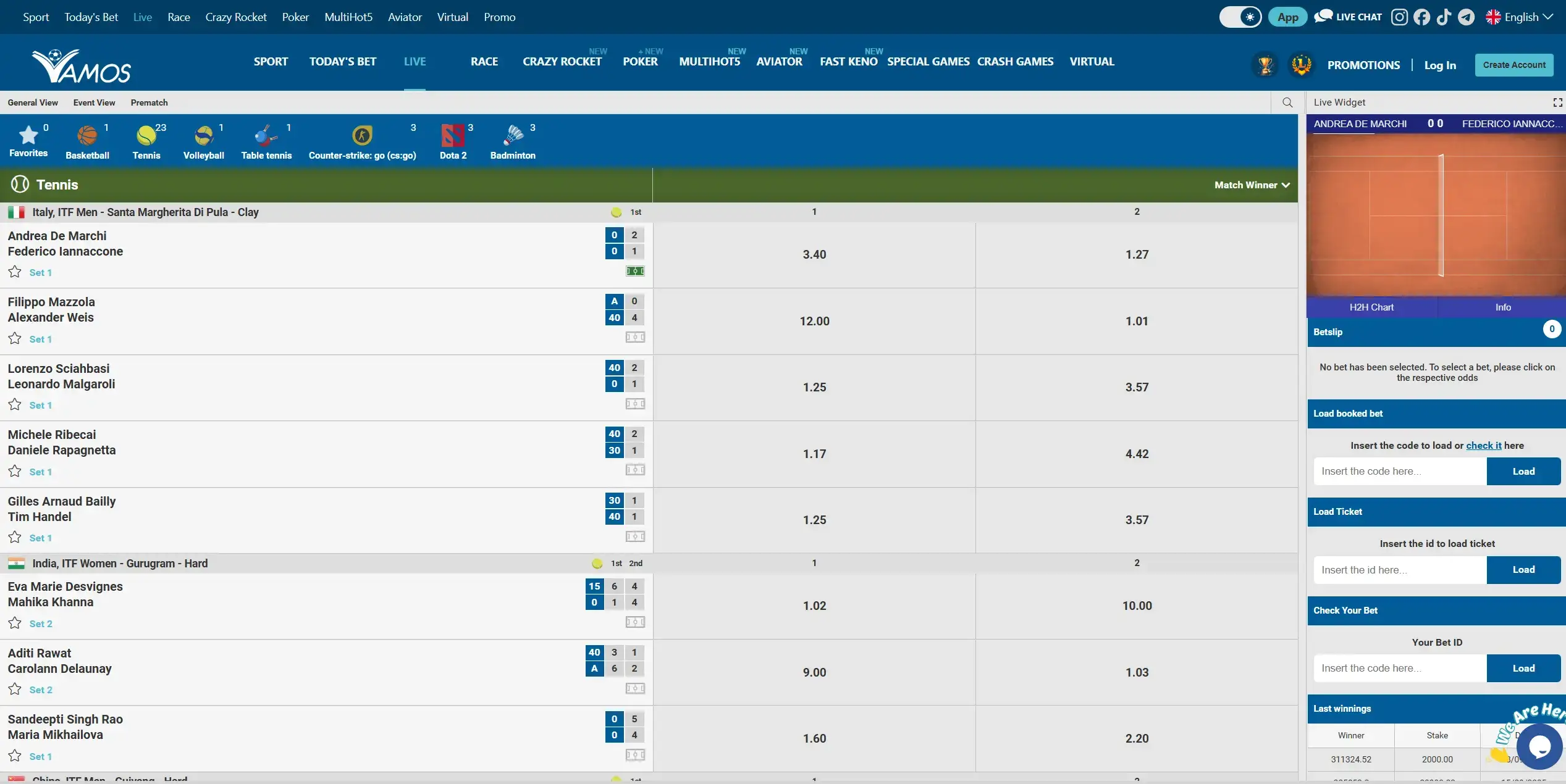 Vamos Bet Live Betting Live Betting Section