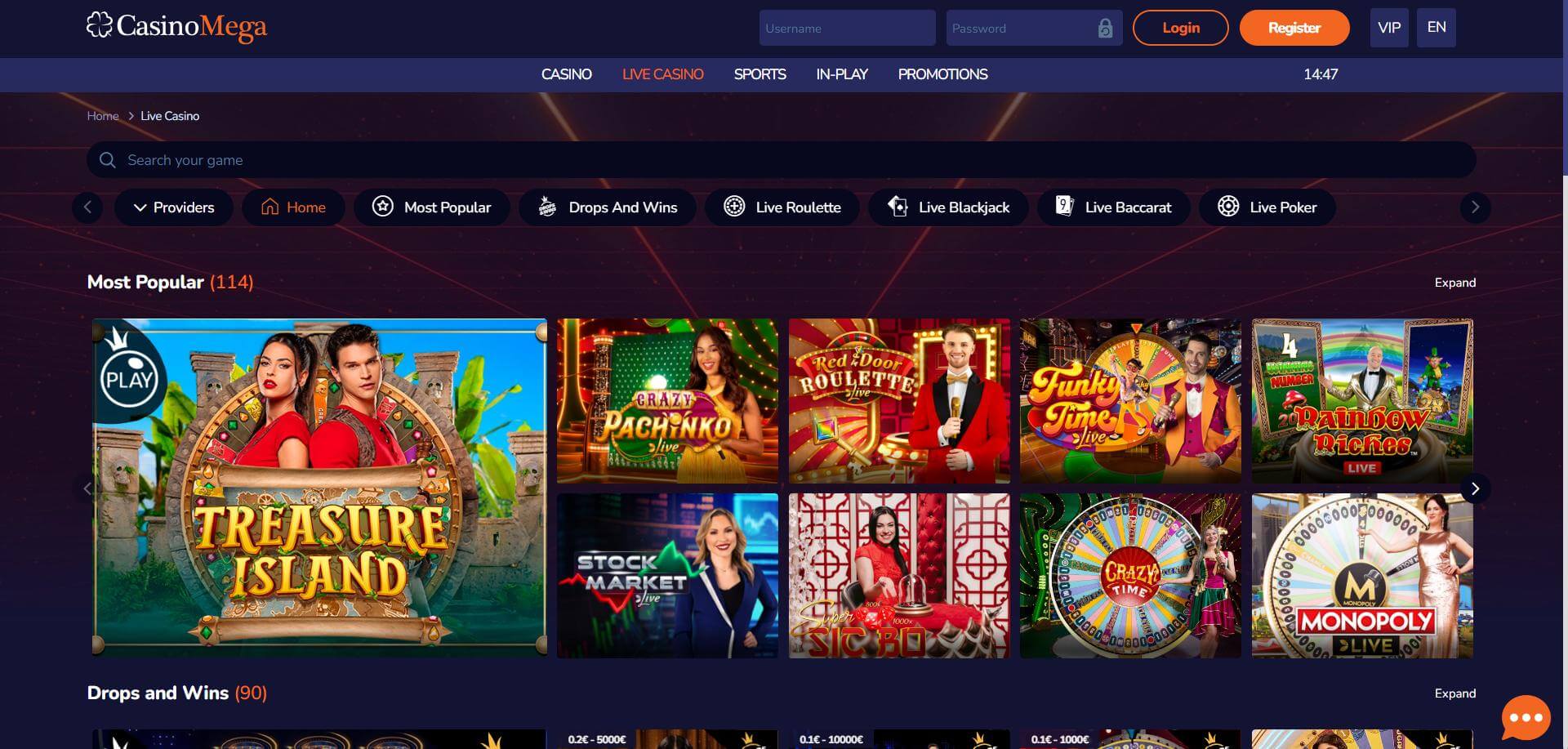 CasinoMega Casino Live Screen