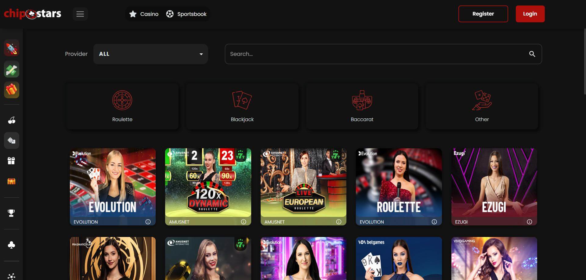 Chipstars Casino Live Page Chipstars Casino Live Screen