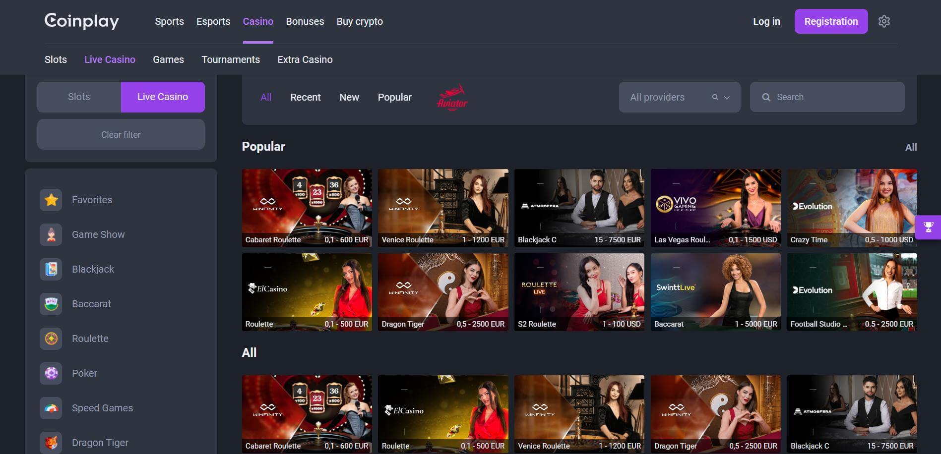 CoinPlay Casino Live Page CoinPlay Casino Live Screen