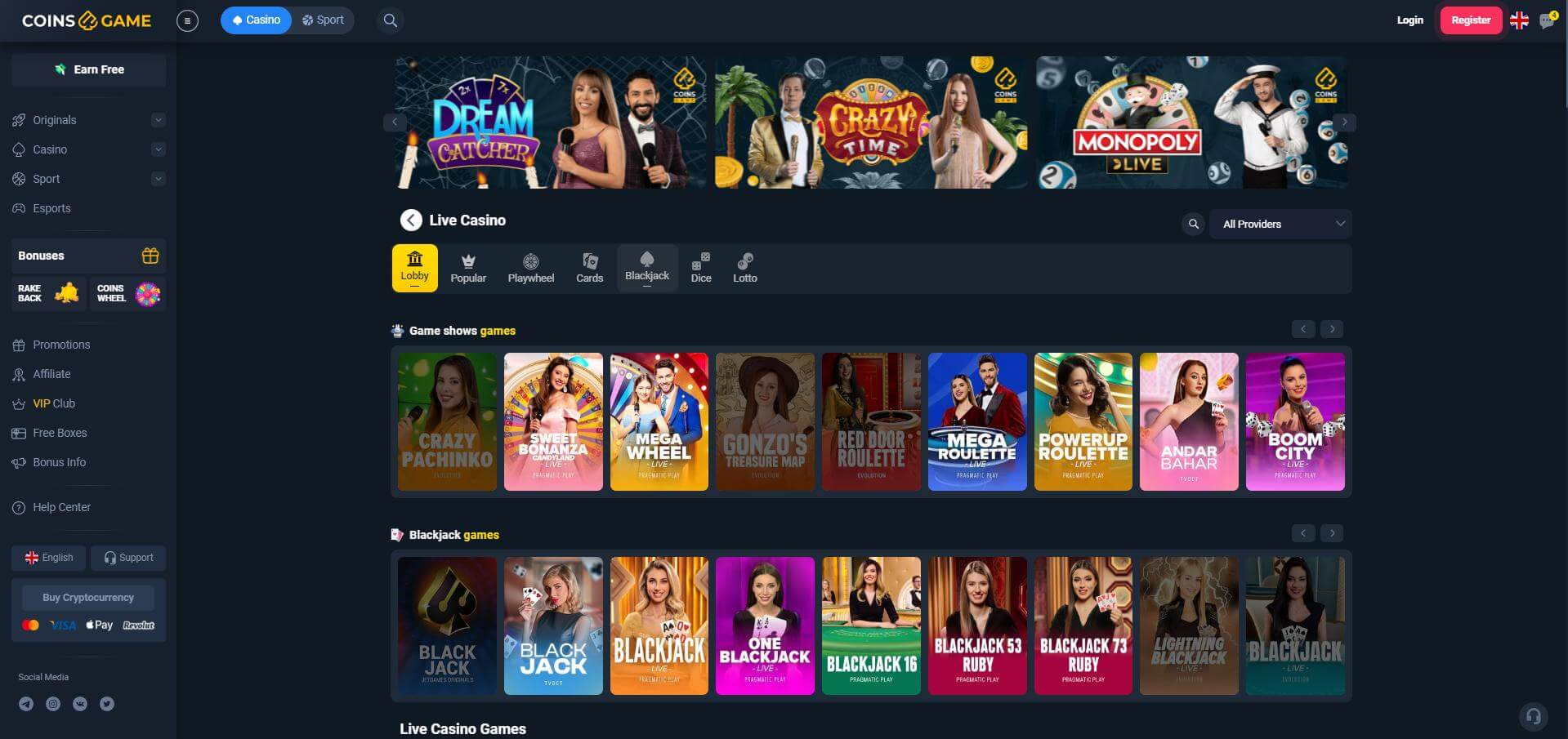 CoinsGame Casino Live Screen