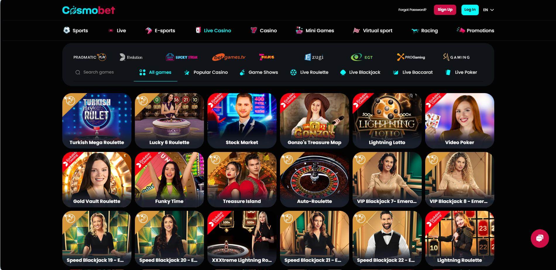 CosmoBet Casino Live Page CosmoBet Casino Live Screen