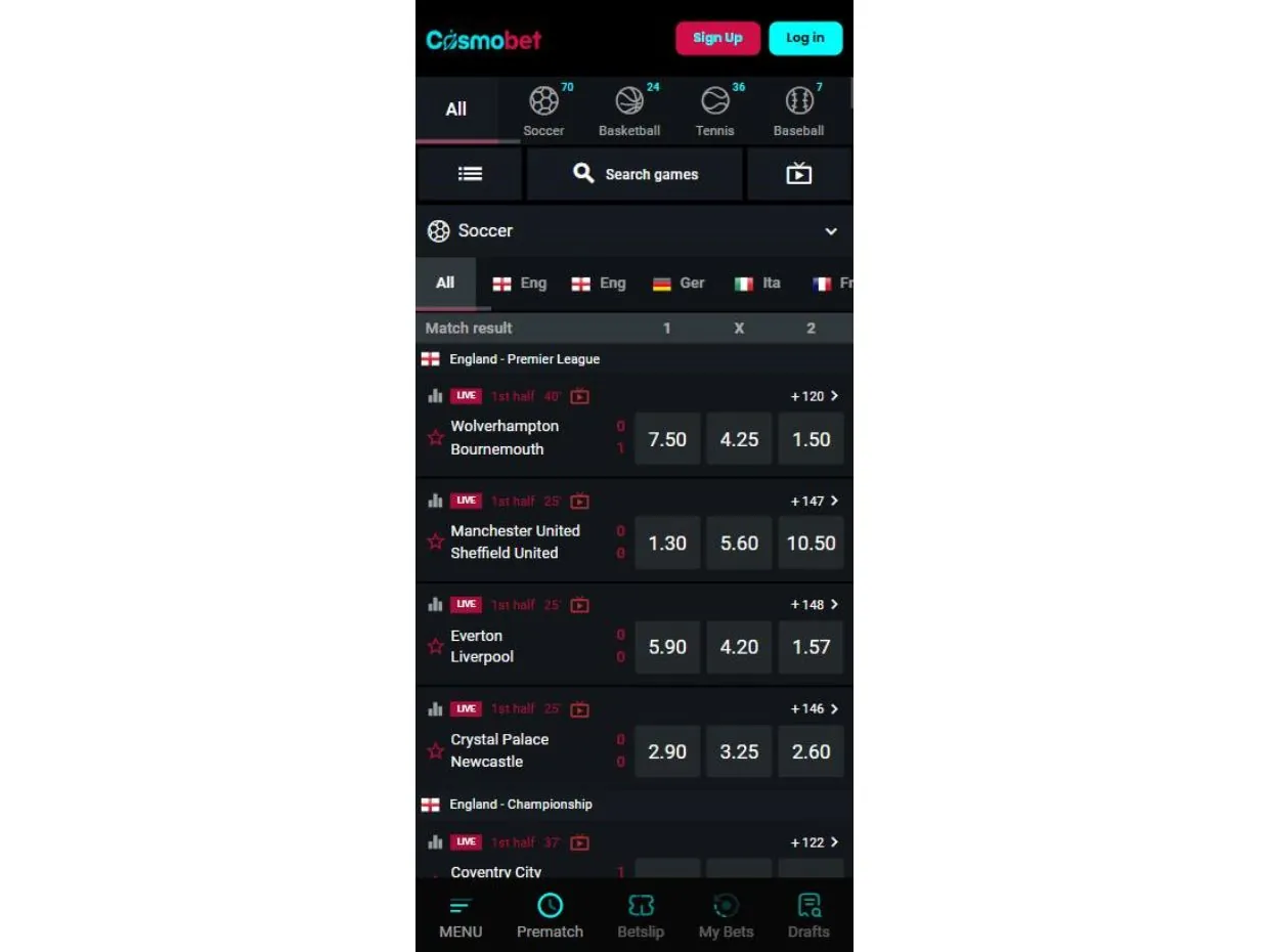 CosmoBet Mobile Live Betting CosmoBet Live Betting Feature