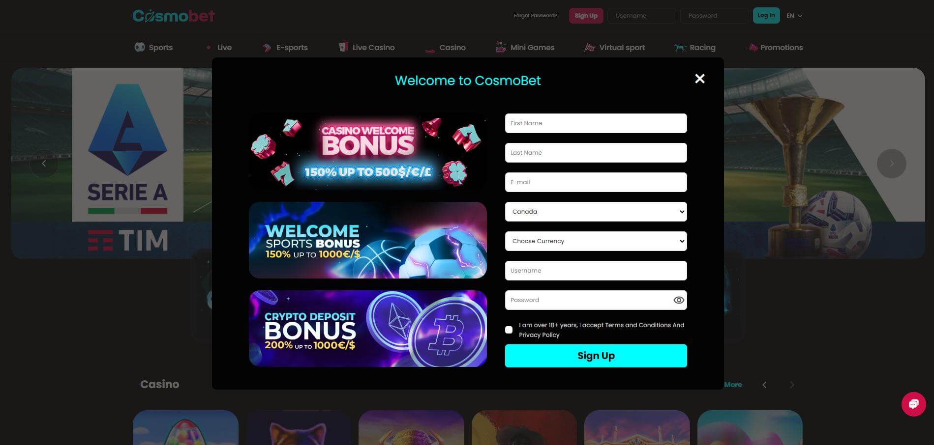 CosmoBet Sign Up Page CosmoBet Account Registration Form