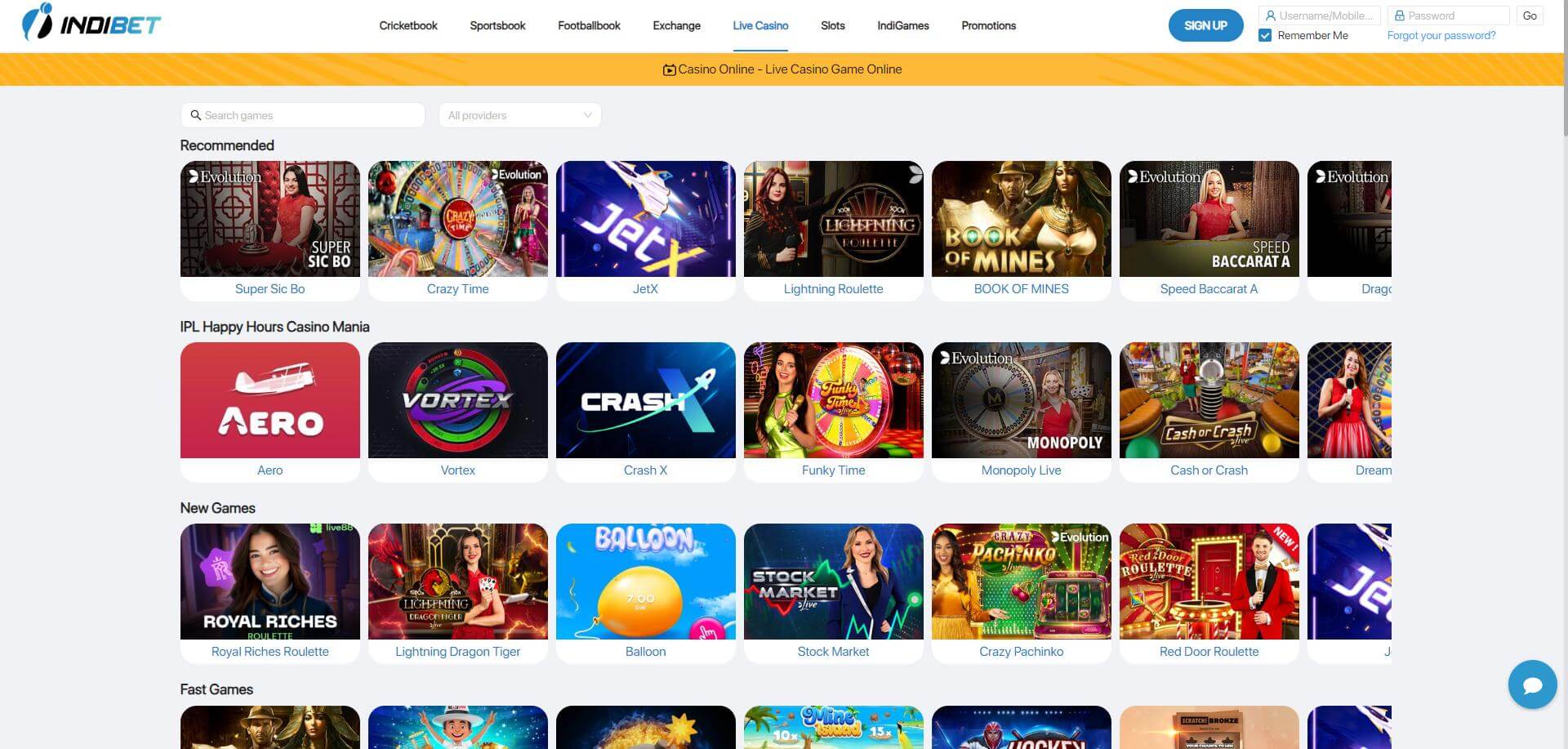 Indibet Live Casino Page Indibet Live Casino Screen