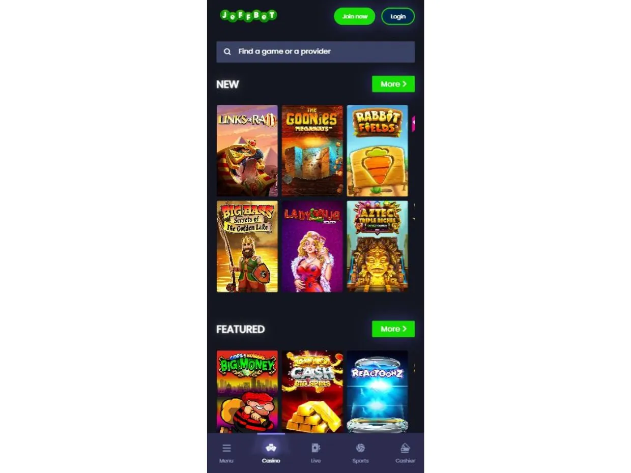 JeffBet Mobile Casino Gaming Experience