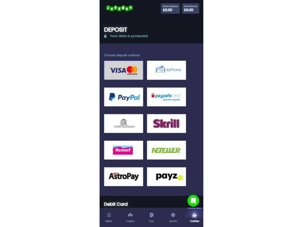 JeffBet Mobile Website Deposit Methods