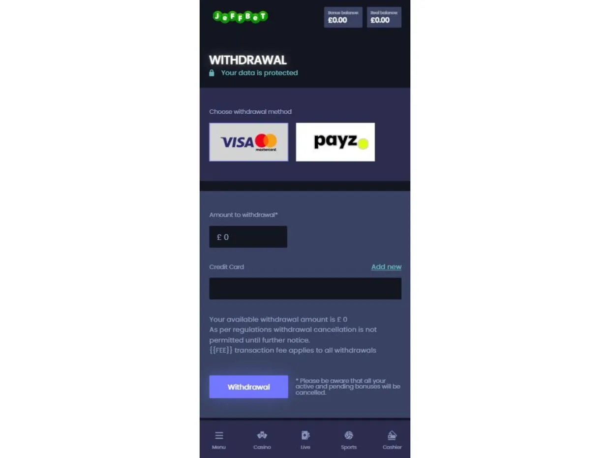 JeffBet Mobile Website Withdrawal Process