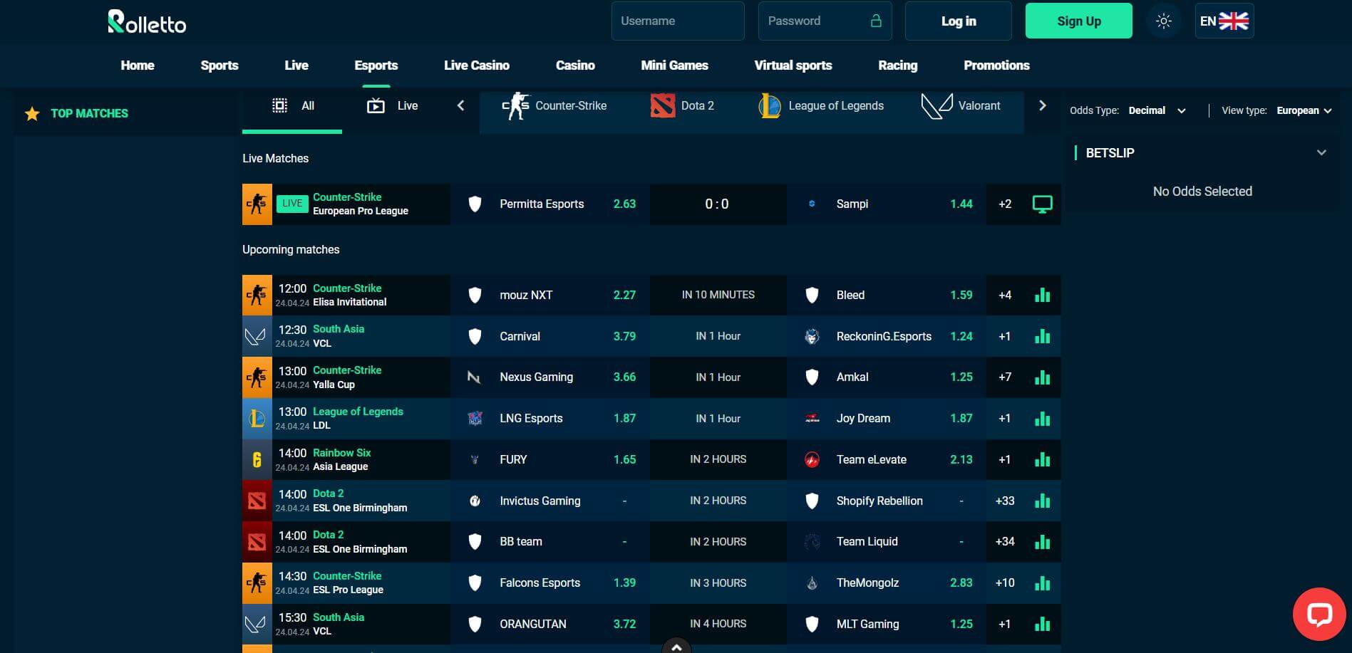 Explore Rolletto’s Esports Betting Options