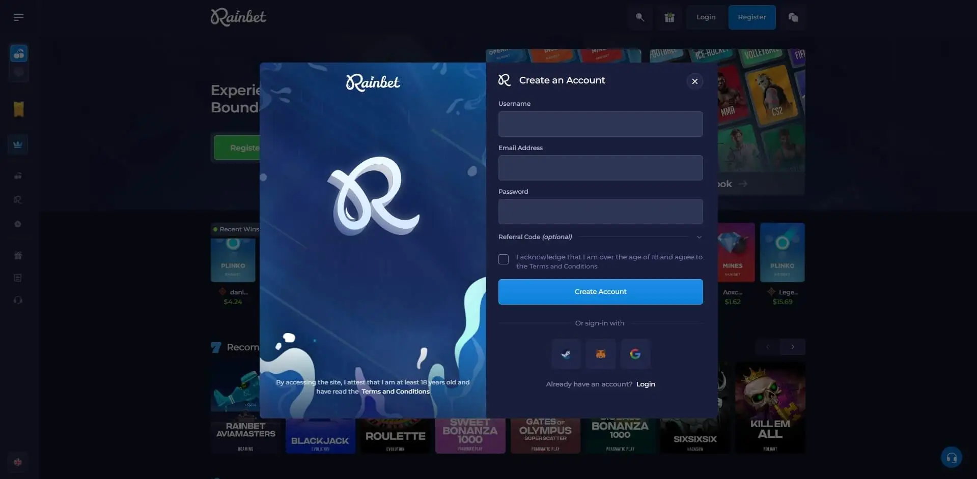 Rainbet Sign Up Page Create an Account on Rainbet