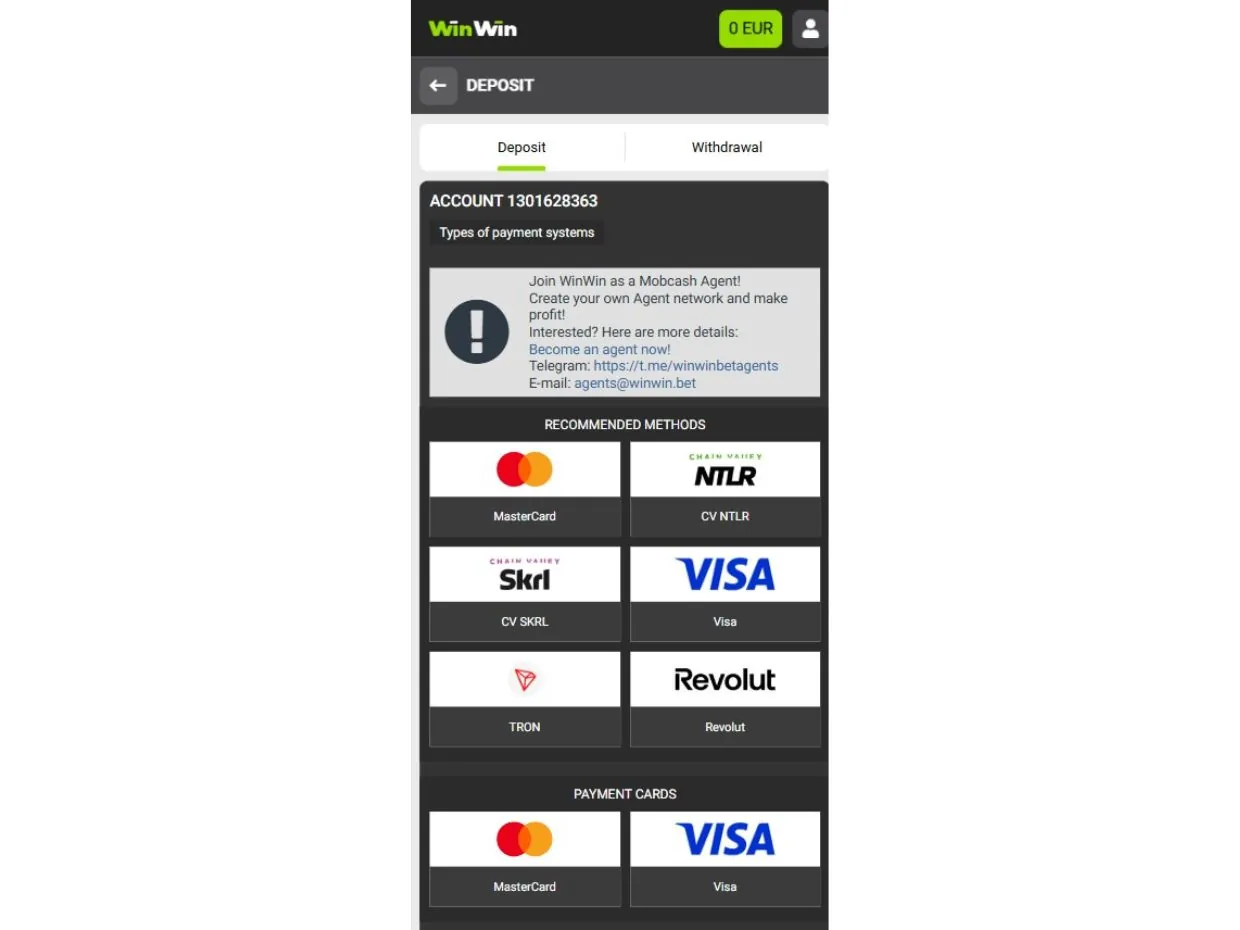 WinWin Bet Mobile Deposit – Quick and Easy Fund Transfers WinWin Bet mobile deposit interface with various payment options