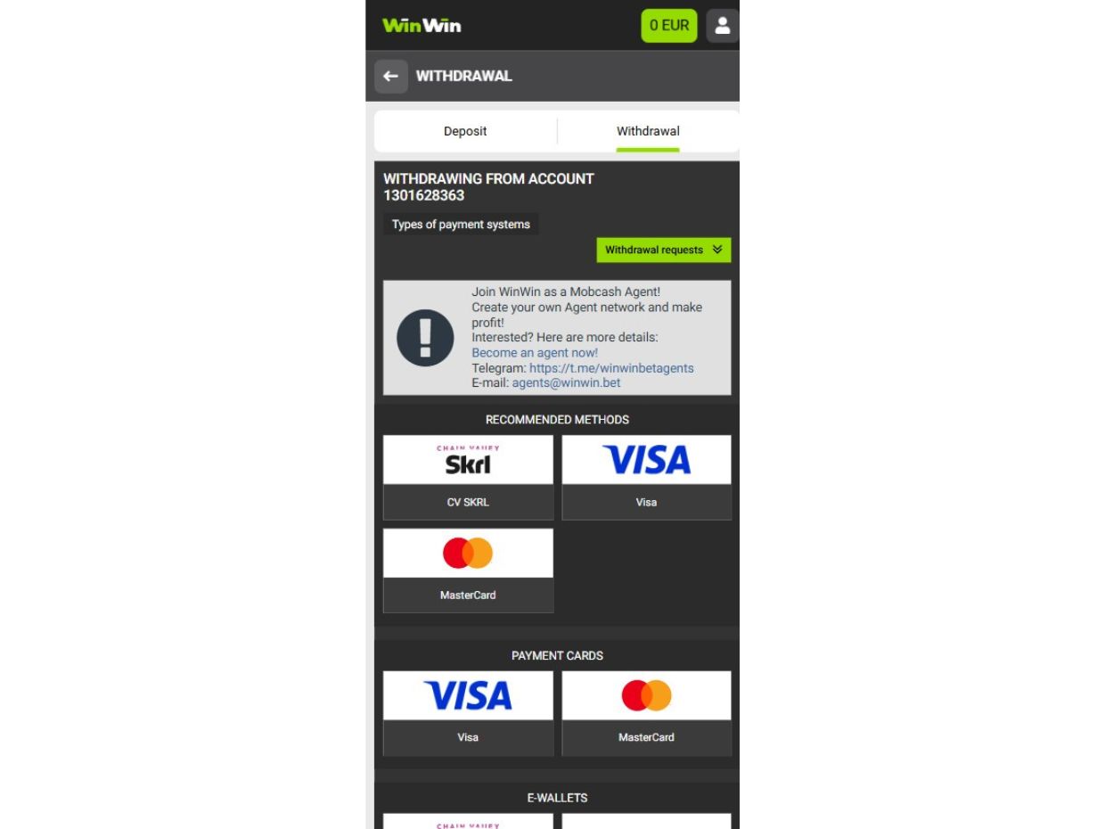 WinWin Bet Mobile Withdrawal – Easy and Fast Cashout Options WinWin Bet mobile withdrawal screen displaying available payout methods